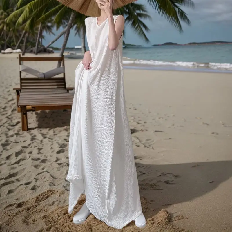

Simple Sleeveless Cotton and Linen Long Dress Women's Summer Beach Sundress White Long Skirt NA250815-2