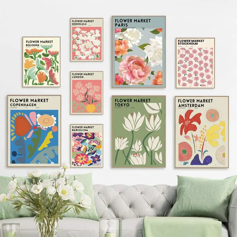 Abstraktes Blumenmarkt-Poster und Druck, Vintage Botanische Pflanze, Diamantmalerei, Wandkunst, Nordisches Bild für Wohnzimmerdekoration