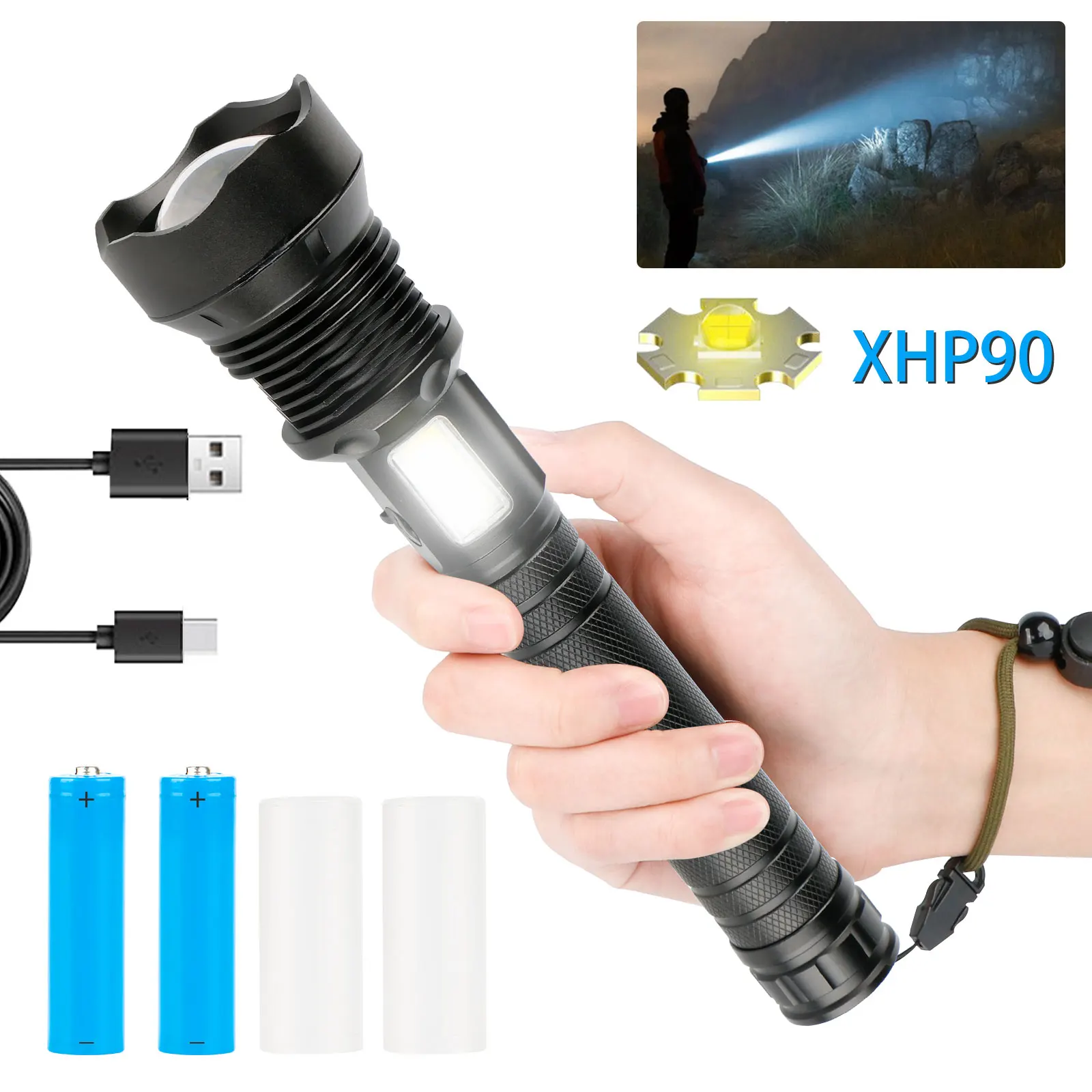 Rechargeable High Lumens LED Flashlights, XHP90 and COB Tactical Flashlights With Zoomable, Waterproof, Super Bright Flashlight