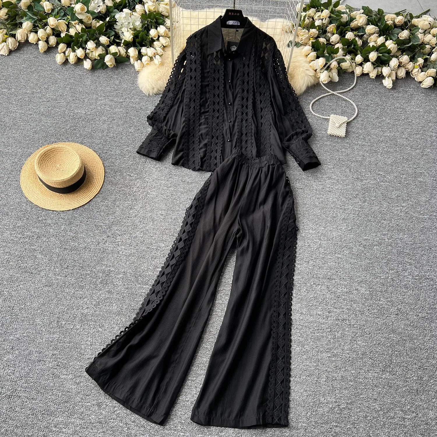 Hollow Out Flower Lace Patchwork Pants Sets Women Fashion Lapel Lantern Sleeve Tops + High Waist Wide Leg Trousers Two Piece Set