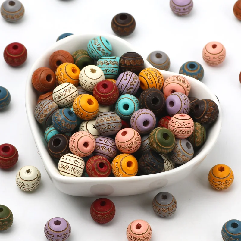 Printing Colored 10/20pcs 10mm Natural Wooden Beads For Jewelry Making Carved Decorative Pattern Beads DIY Bracelets Accessories