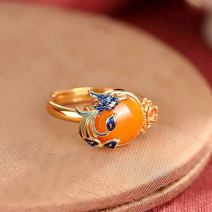 

Vintage Gold Color Yellow Crystal Stone Peony Phoenix Adjustable Rings for Women Ethnic Style Beeswax Rings Party Jewelry