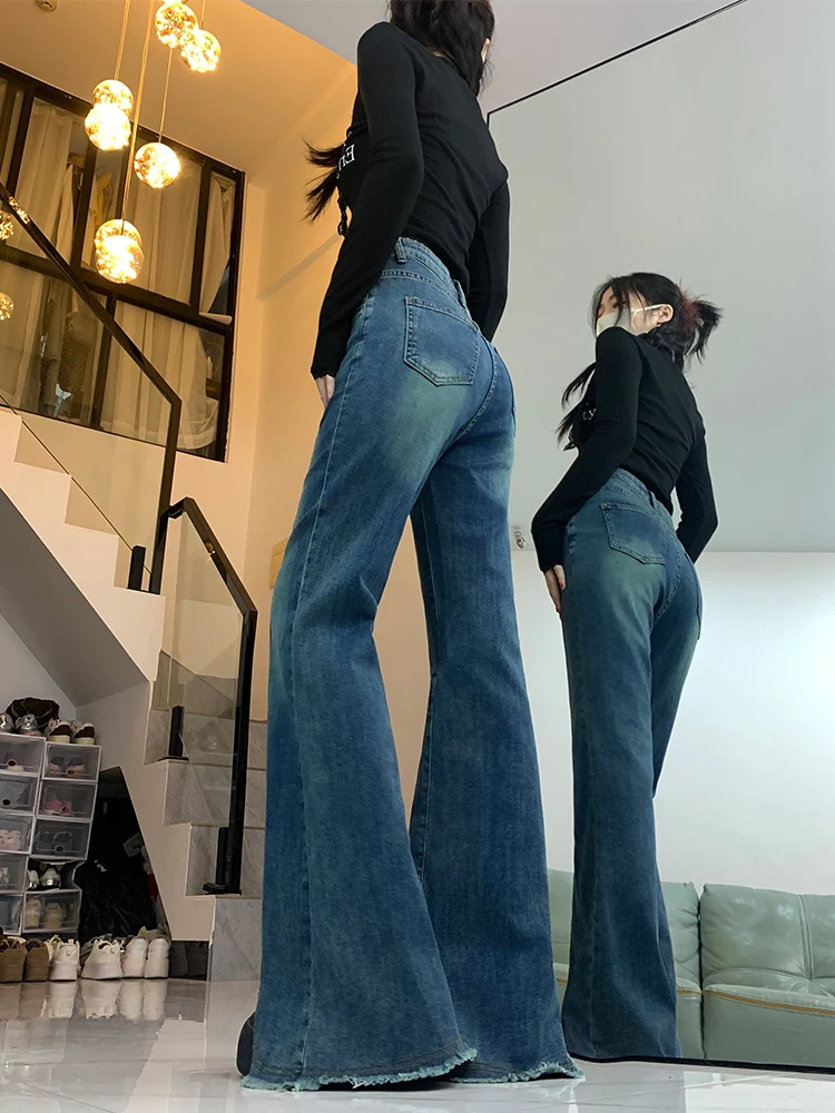 Cintura alta queimado jeans feminino primavera 2025 vintage fenda desgastado até o chão calças emagrecimento tamanho grande casual denim