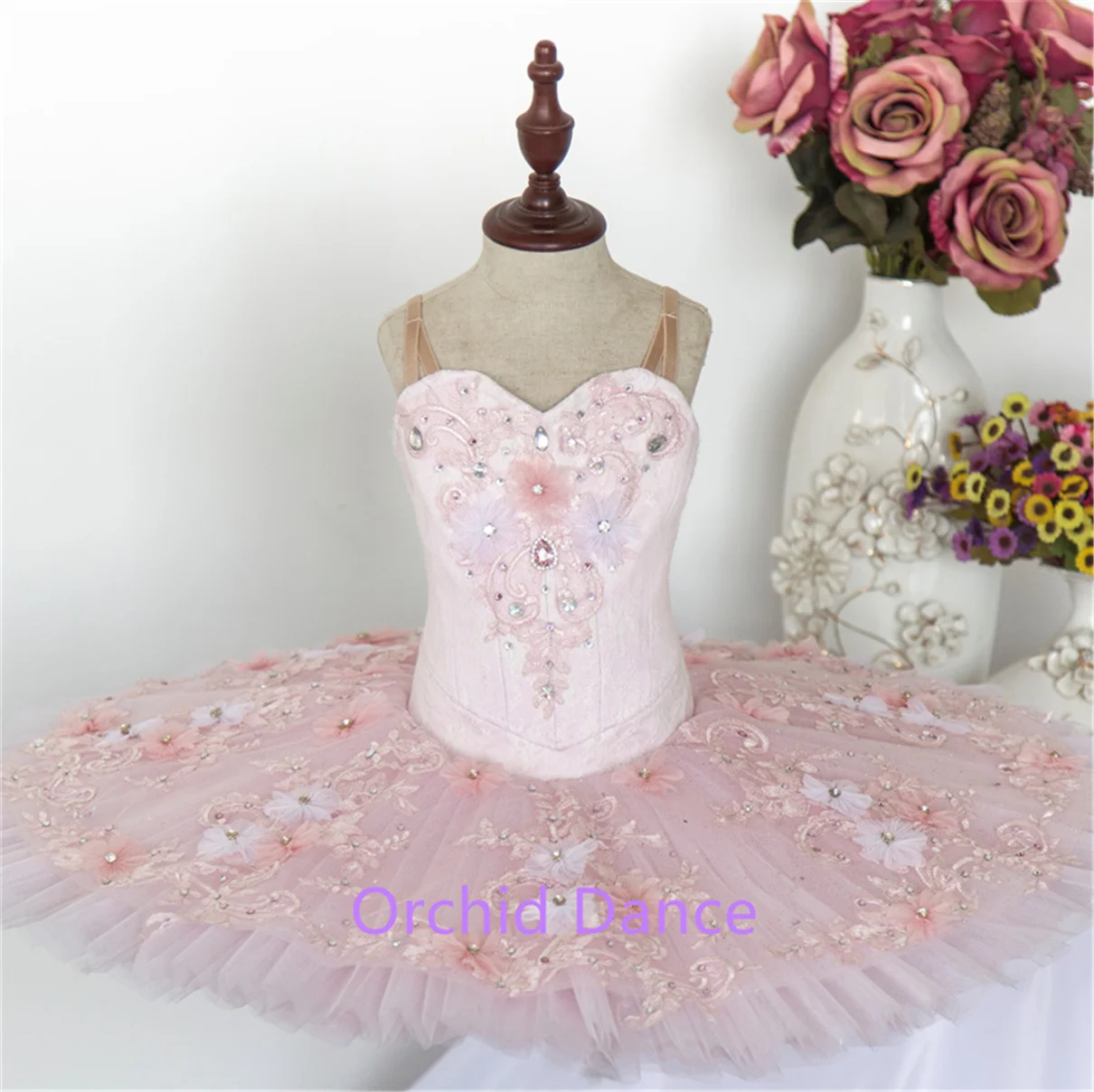 

Flower Exquisite Design Shiny Professional Costom Color Costom Size High Quality Girls Kids Performance Wear Pink Ballet Tutu