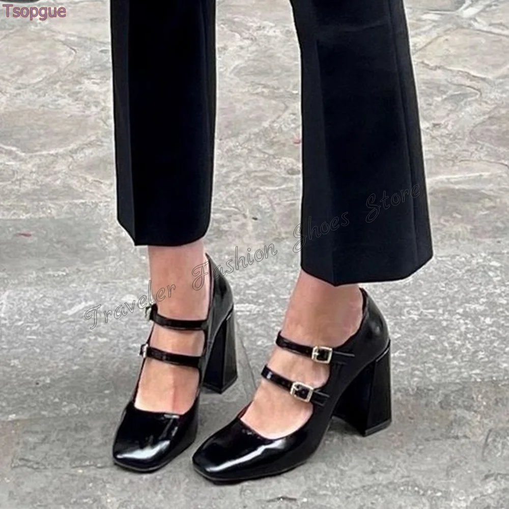 Black Ankle Buckle Square Toe Pumps Chunky High Heels Patent leather High Heel Shoes for Women Heels 2024 New Zapatos Para Mujer