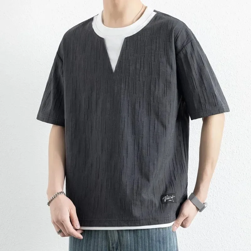 Men Notch V Neck Fake Two Piece Textured Loose Short Sleeve T Shirt