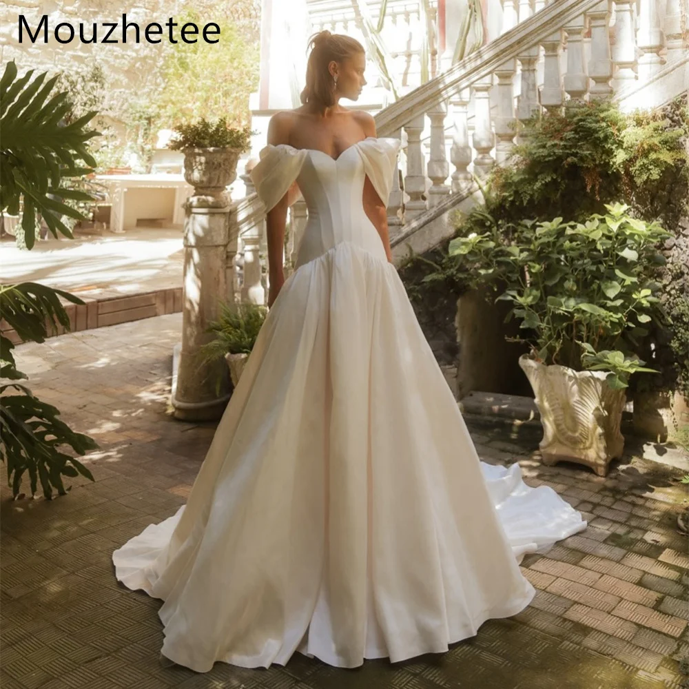 

Mouzhetee A-Line Elegant Off The Shoulder Long Pleat Sleeveless Wedding Dresses Princess Satin Brides Gown Custom Made 2025