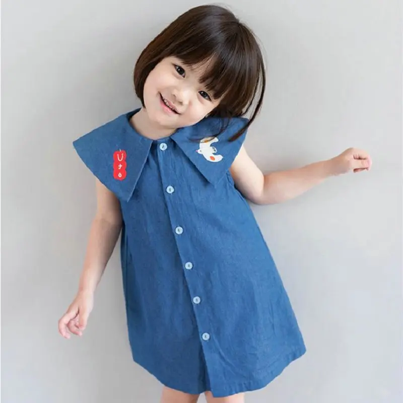 Girls' Denim Embroidered Cartoon Sleeveless Dress25Spring and Summer New Fashion Foreign Trade Children's Clothing Wholesale