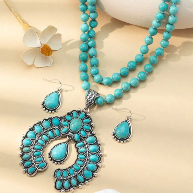 Винтажное бохо-украшение с слоем из бирюзовых бусин, набор серьг и украшений