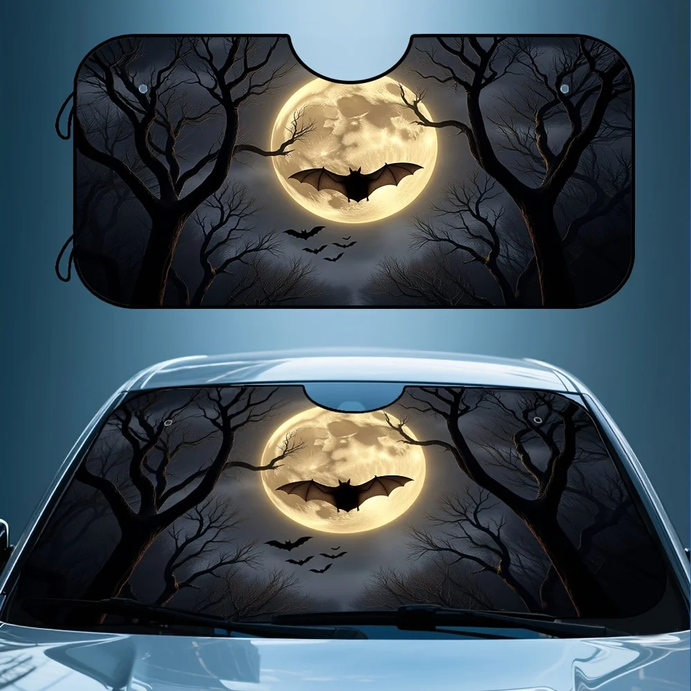 

1pc Halloween Car Sunshade - Spooky Bat, Full Moon, Bats & Trees Design - Foldable Lightweight Windshield Shade With Side Mirror