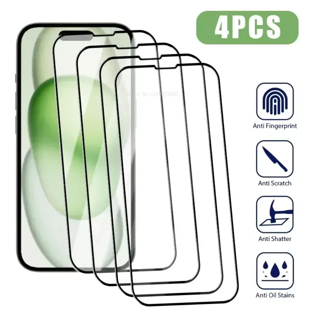 아이폰 풀 커버 스크린 보호대, 아이폰 15 프로 맥스, 14 플러스, 13, 12 미니, 11, 7, 8 플러스, XR, XS 맥스용 강화 유리, 4 개 