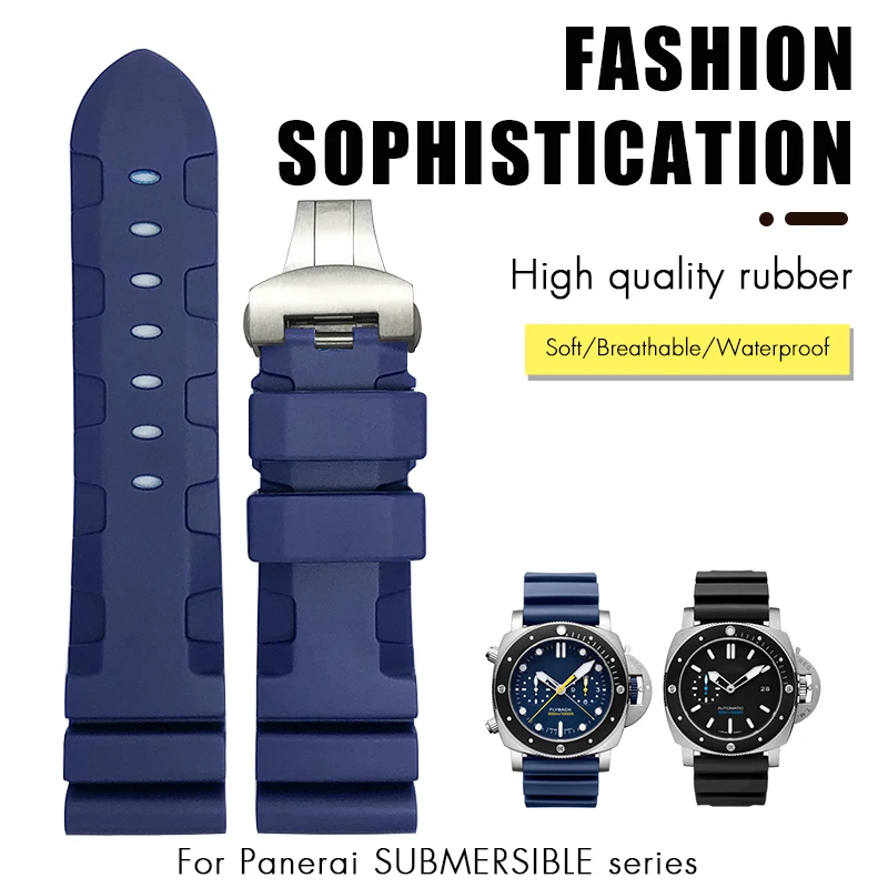 Nature Rubber Silicone 22mm 24mm 26mm Watch Band for Panerai Submersible Luminor PAM Black Blue Red Orange Strap Butterfly Clasp