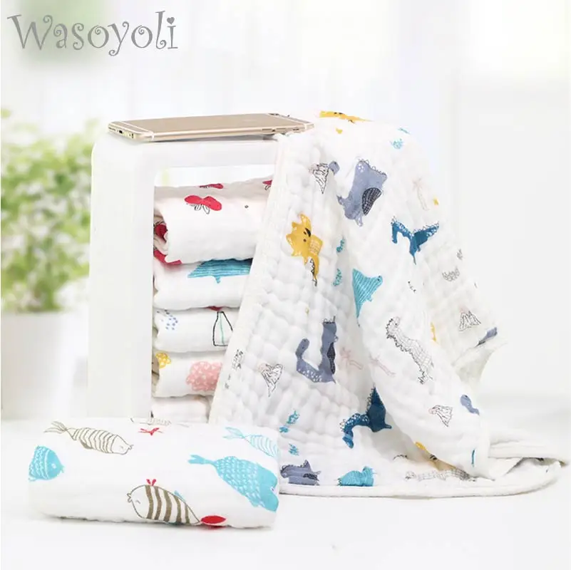 3 Pieces / Lot Wasoyoli Colorful Printed Burp Cloths 30*50CM With Hanging 100% Muslin Cotton 6 Layers Handkerchief Soft Towel