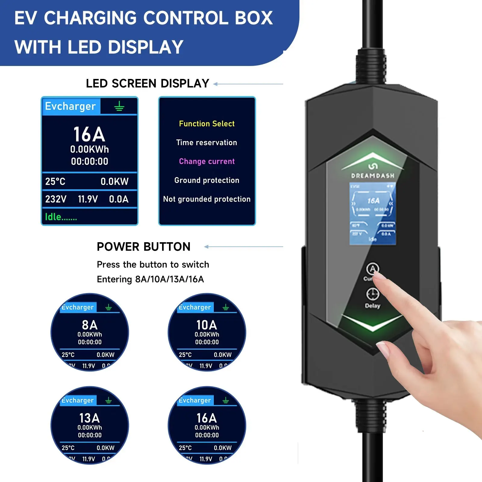 Dreamdash شاحن EV 3.5KW Type1 المحمولة SAE J1772 EVSE شحن 16A 1 المرحلة للسيارات الكهربائية 7 متر كابل الحالي قابل للتعديل