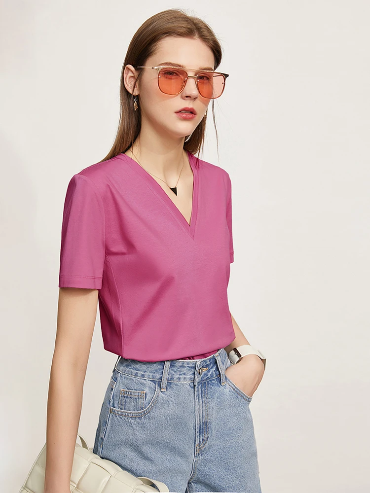 Amii Minimalism 2024 Women Tops Summer New Solid V-neck Short Sleeve Cotton Casual Basics Fashion T-shirts for Women 12422141