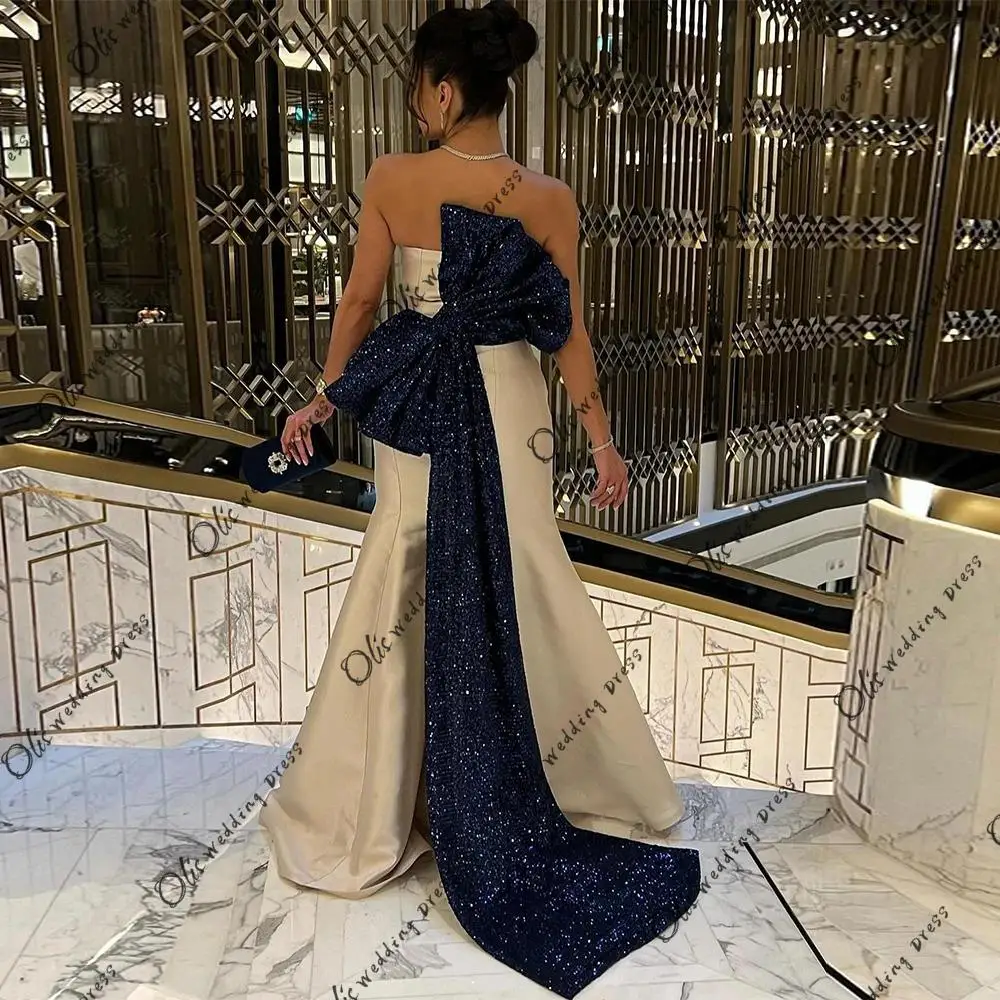 

customized Mermaid Prom Dress with Navy Sequin Bow Train Strapless Sleeveless Floor Length Satin Evening Dresses Saudi Design