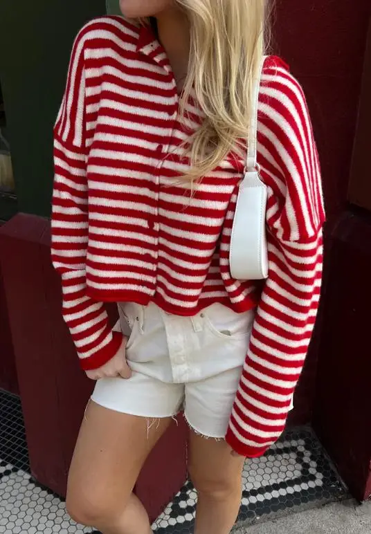 Women Striped Knitted Cardigan Crew Neck Long Sleeve Button-up Sweater Casual Fall Clothes