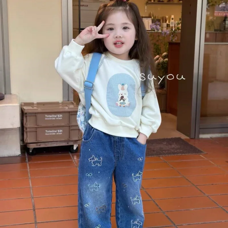 

Children's Clothing Spring and Autumn Girls' Cute Rabbit Print Sweatshirt Embroidered Jeans Two-piece Set
