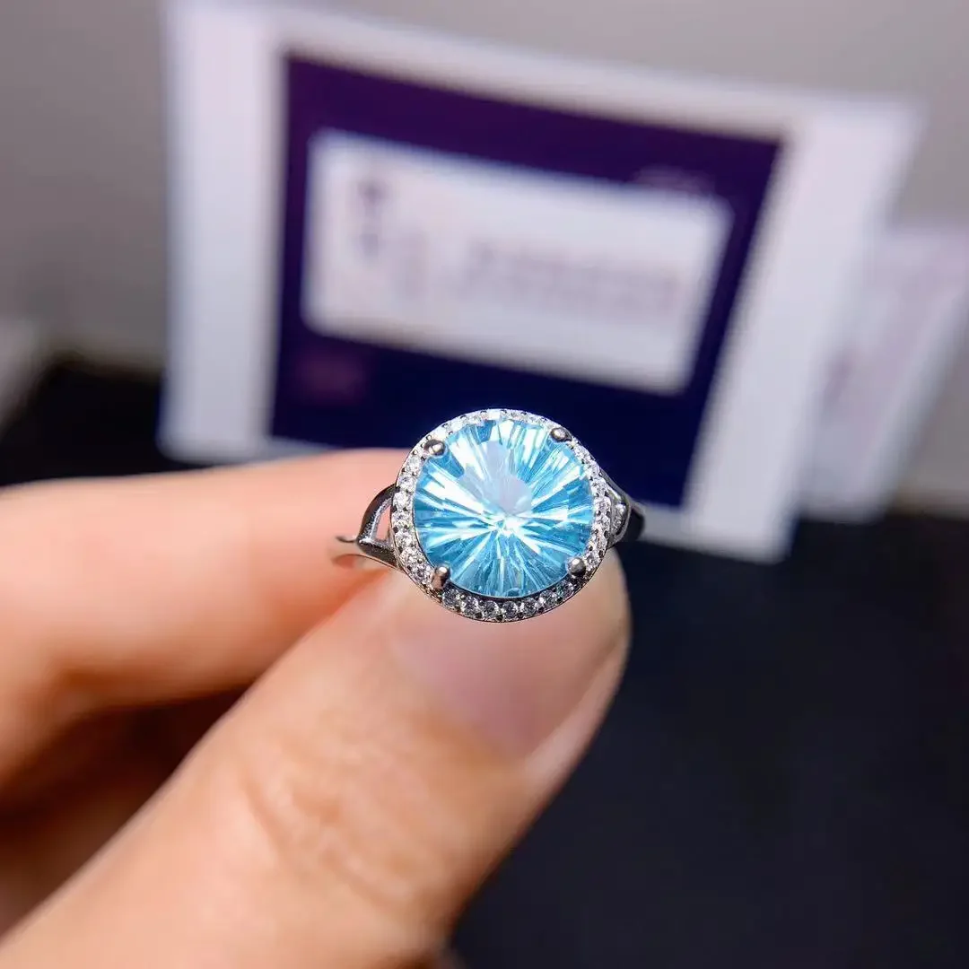 Brilliant Round Light Blue Topaz Silver Ring for Office Woman VVS Grade Natural Topaz Ring 925 Sterling Silver Topaz Jewelry