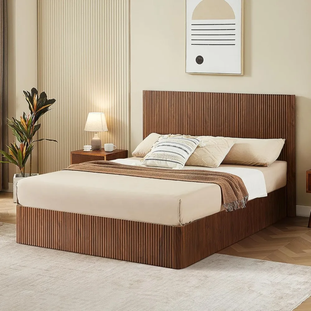 

Walnut Queen Lift Up Storage Bed Frame, Mid Century Modern Fluted Bed Frame, Wood Hydraulic Queen Size Bedframe with H