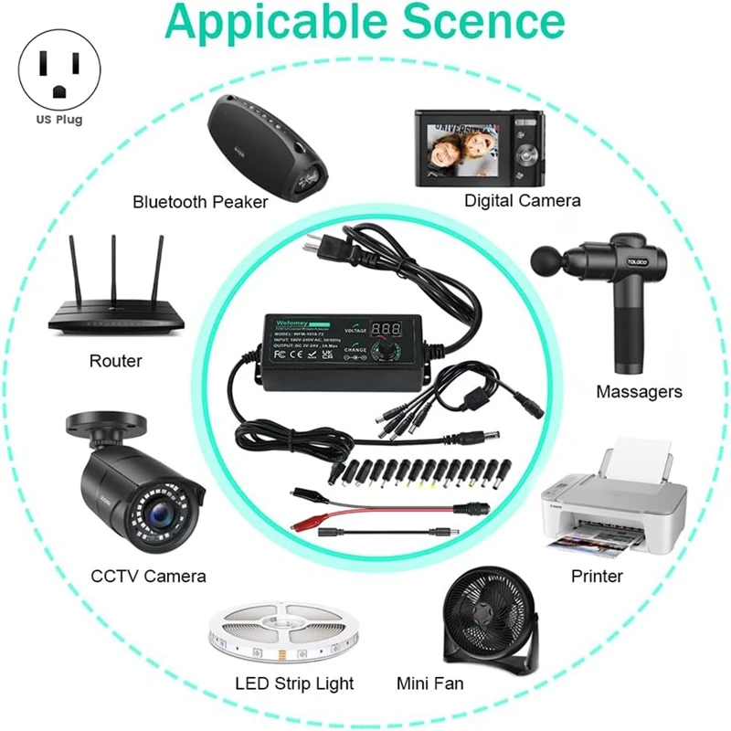 Universal Power Supply Adjustable Variable 3V 5V 9V 12V 18V 20V 24V AC/DC Adapter Charger, AC To DC Converter US Plug