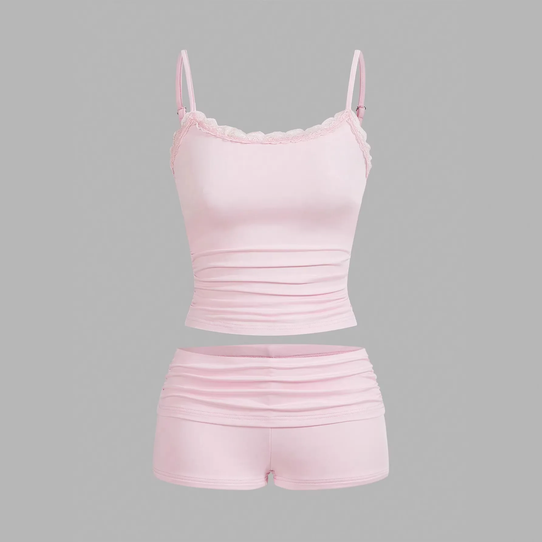 

Spring and Summer European Hot Girl Printed T-shirt Navel Sexy Clothing Lace Lace Vest Top Shorts Two-Piece Set ins style