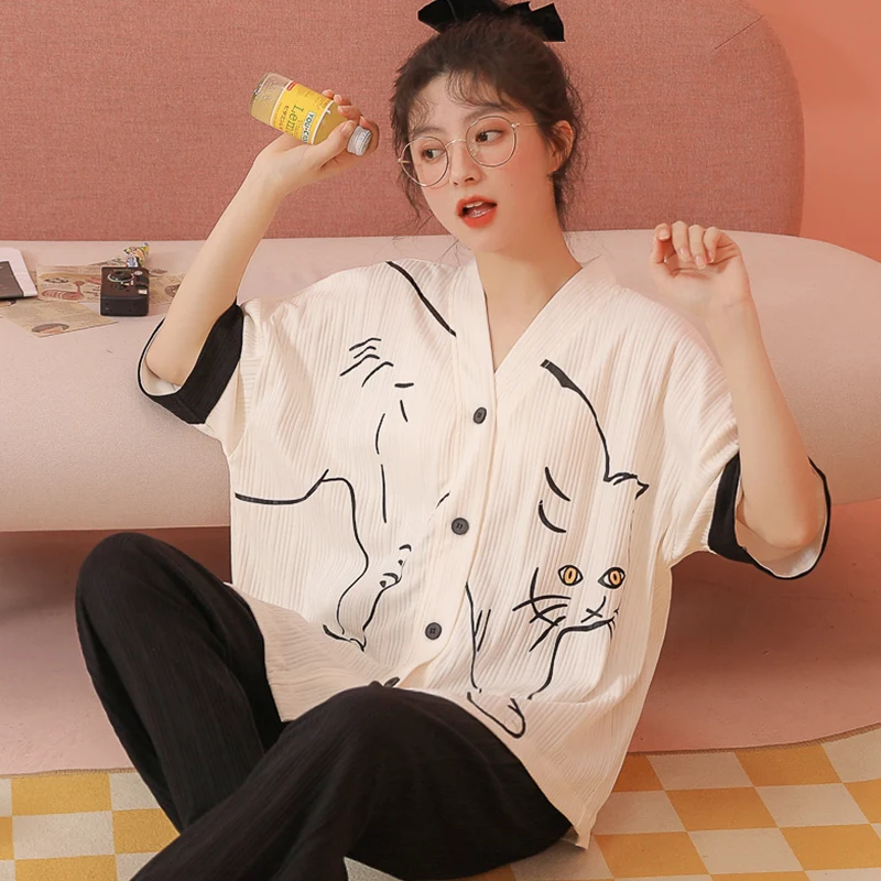 

2 pieces Set Fashion Home Suit Women Cotton Pajamas Set Short Sleeves Sleep Tops Trouser Kimono Female Summer Spring pijamas