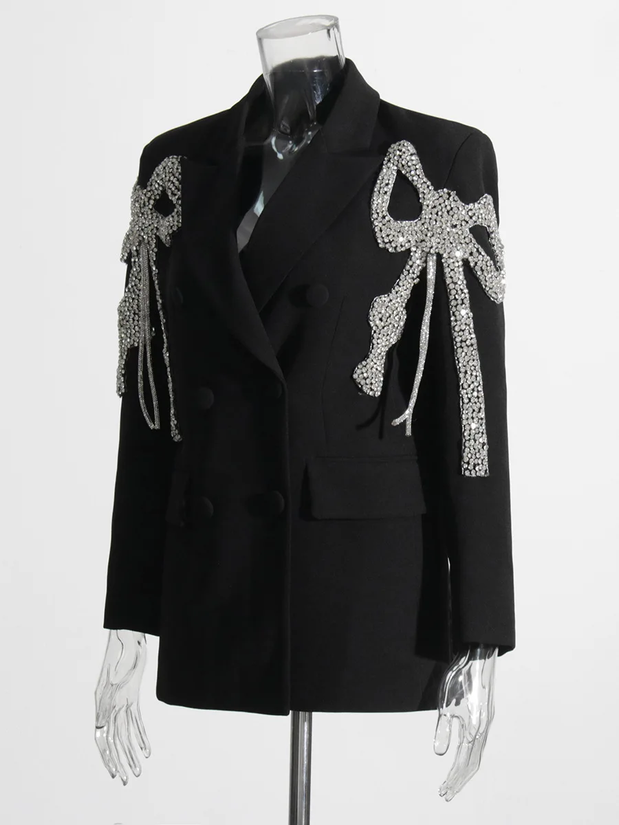 Laço feminino Flares bordados Blazer de lapela de diamantes, jaqueta manga comprida, casaco duplo, solto, luxo, formal