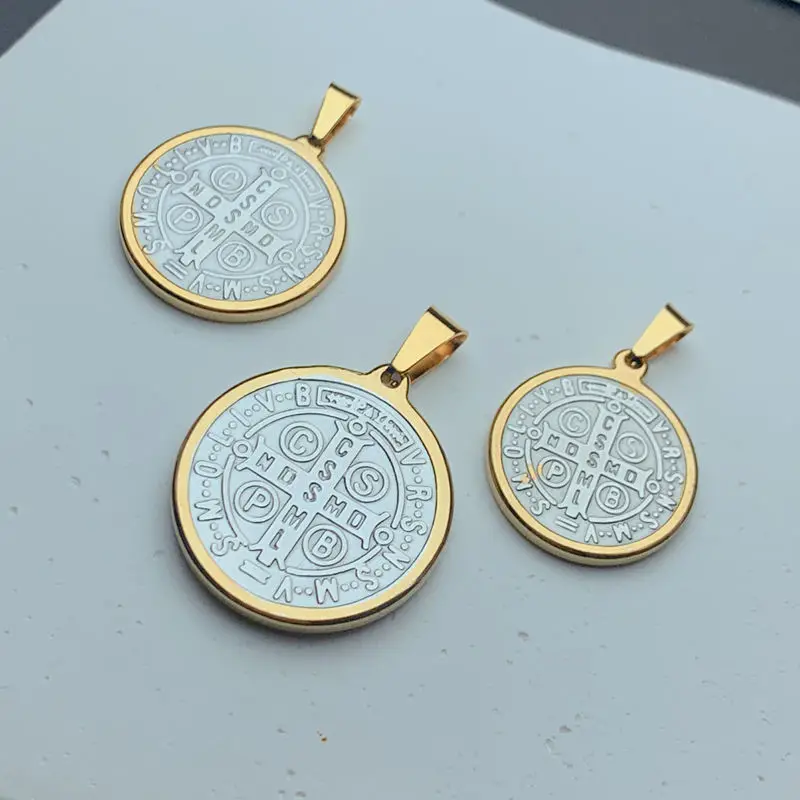 Religious Round Metal Medal Stainless Steel Jesus Cross Saint Benedict Pendants Charms For Jewelry Making Necklace Accessories