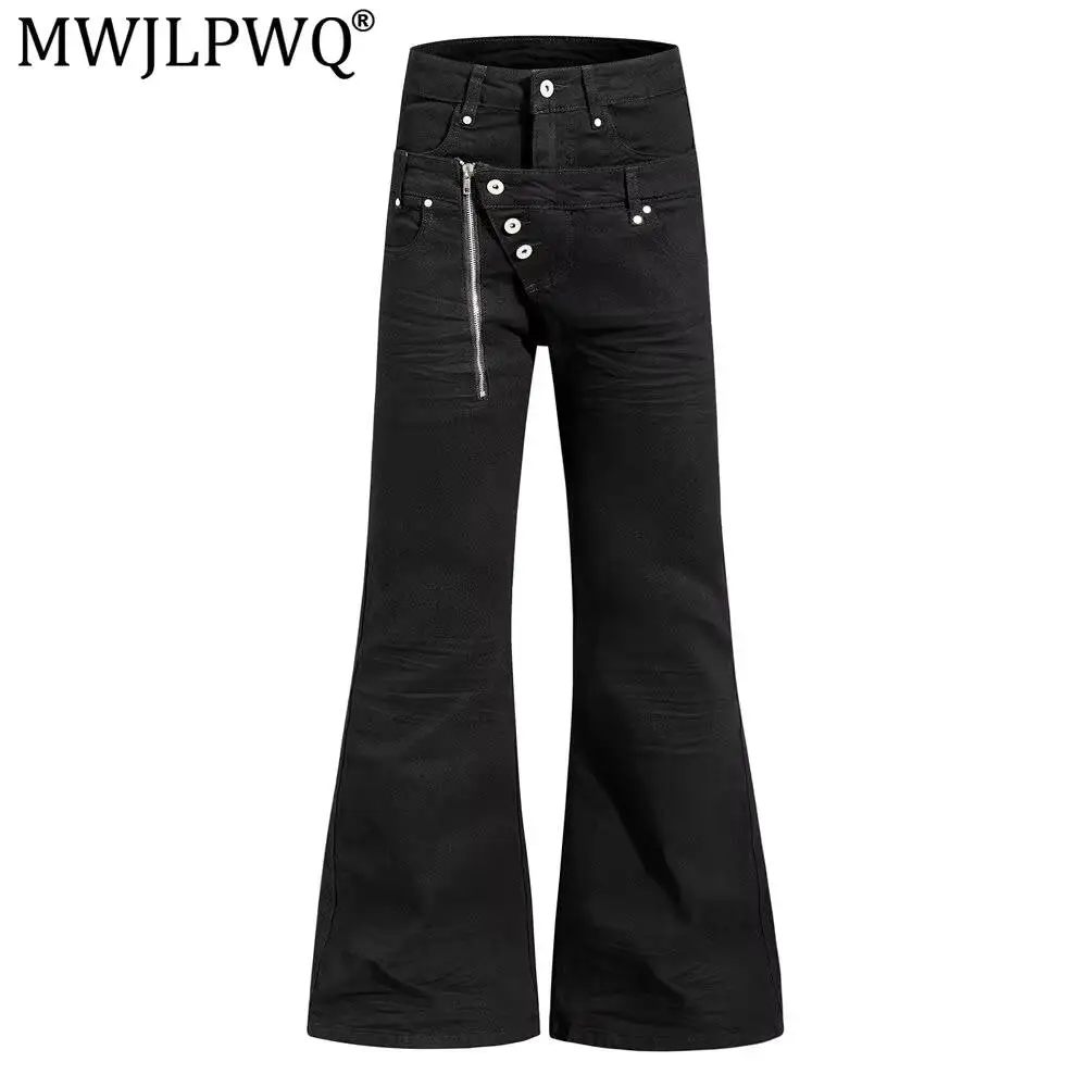 MWJLPWQ Double-Waisted Flared Jeans For Men Hippie Style Trendy Irregular Zipper Design Unique Niche Wide-Leg Trousers 20126