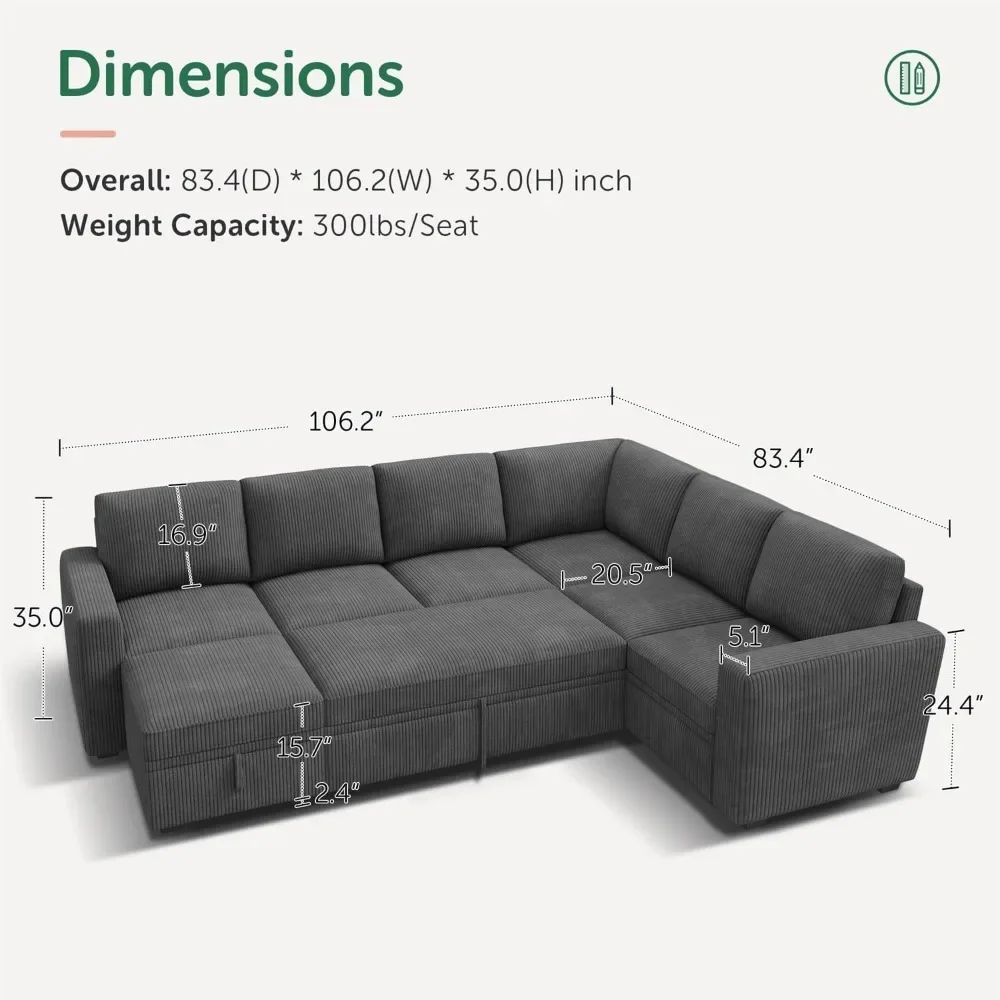 Modular Sectional Couch with Pull Out Bed, Corduroy Sleeper Sofa with Storage Seats Ottoman, U Shaped Sectional Couches for