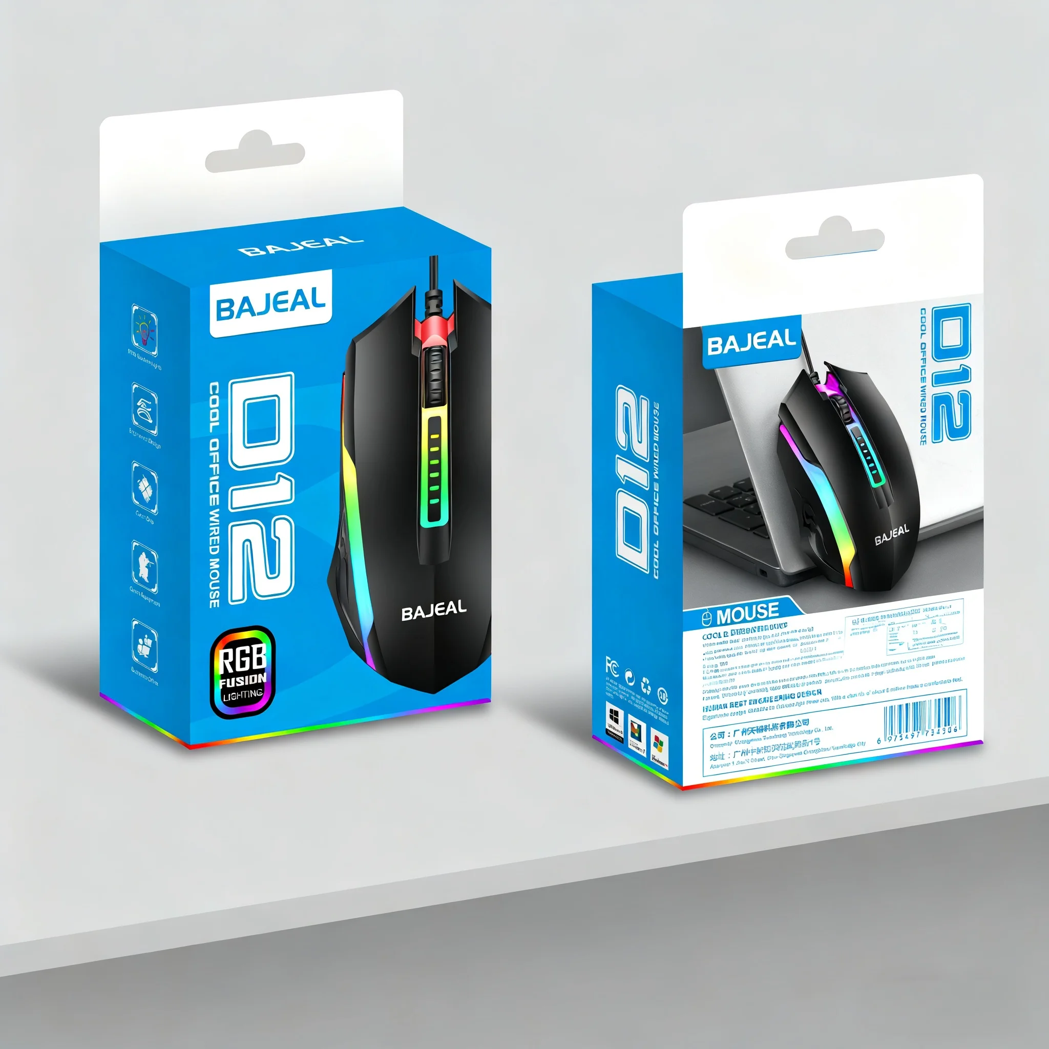 Bajeal D12 ماوس بصري سلكي USB بإضاءة خلفية عالي DPI مريح للألعاب وماوس مكتب متوافق مع أجهزة الكمبيوتر وأجهزة الكمبيوتر المحمولة