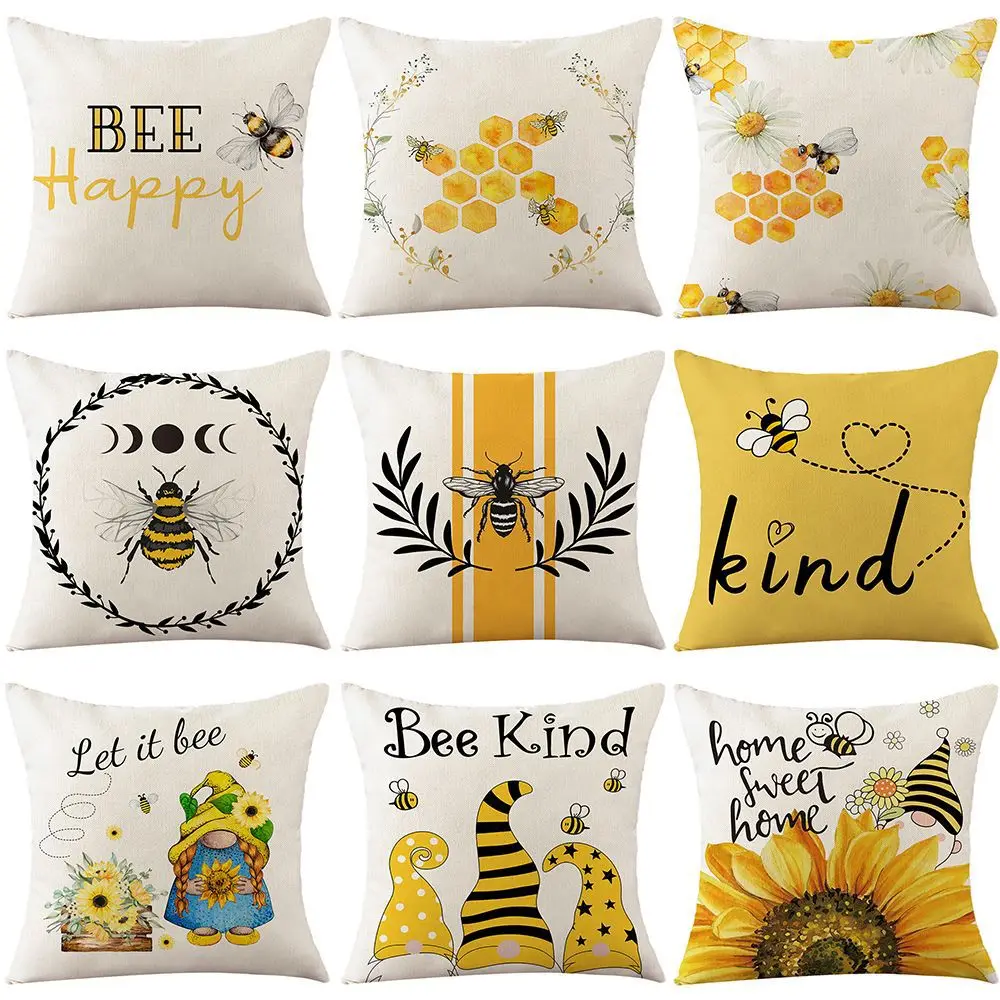 

Sunflower Bee Printed Cushion Cover 18x18 Inches Linen Pillow Case Summer Farmhouse Home Decor Pillow Cover funda de almohada