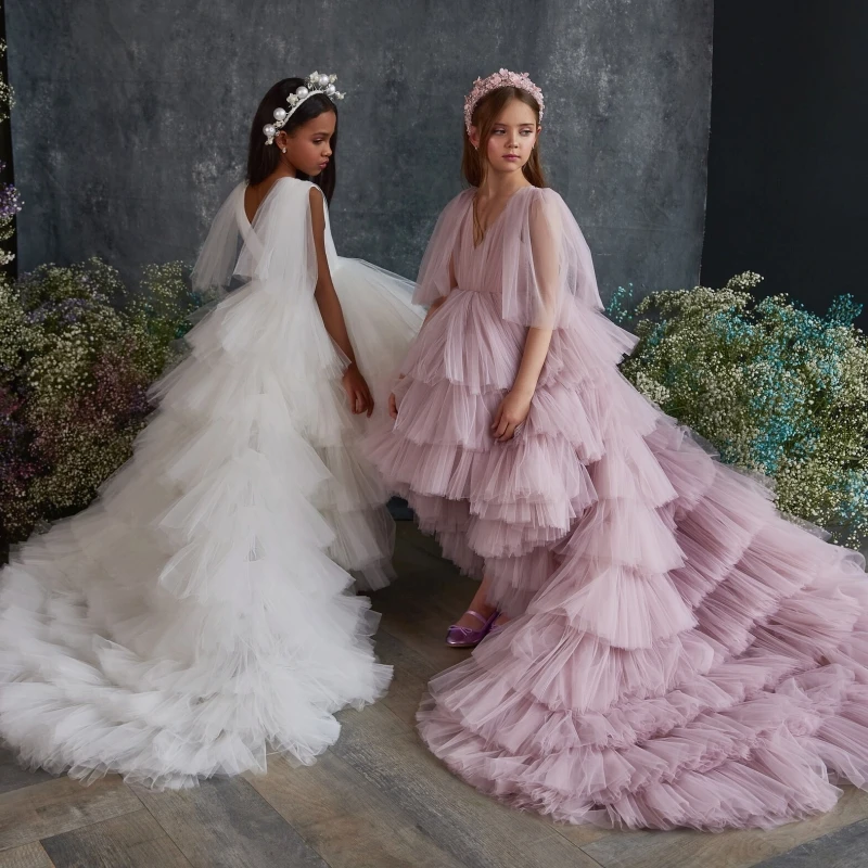 Vestidos de florista rosa branco e empoeirado, Tule com Tailing, Sem mangas, Casamento, Festa de aniversário, Vestidos de princesa