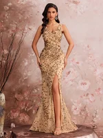 Lucyinlove elegante vestido de noche con abertura 2025 mujeres largo sirena Formal lentejuelas Sexy cuello en V Cola de cola de caballo vestidos de fiesta de boda