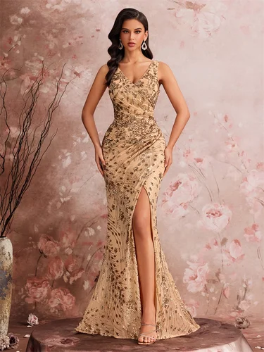 Lucyinlove elegante vestido de noche con abertura 2025 mujeres largo sirena Formal lentejuelas Sexy cuello en V Cola de cola de caballo vestidos de fiesta de boda