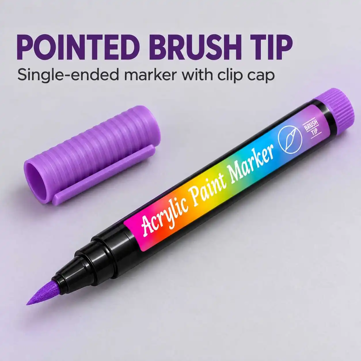 Purple Single End Acrylic Brush Marker Black Round Barrel Rainbow Label Ribbed Clip Cap One Pen for Drawing