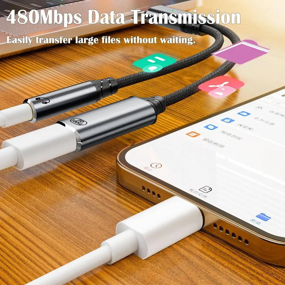 PD 100W USB-C ถึง 3.5 มม.อะแดปเตอร์เสียง 2 ใน 1 สายควบคุมสายหูฟัง Converter ข้อมูลสําหรับโทรศัพท์มือถือแท็บเล็ต