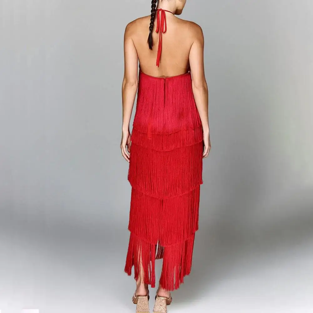 Elegant Evening Party Women Dress Halter Neck Off Shoulder Fringe Multi-layered Cake Hem Split Dance Ball Maxi Dress Summer