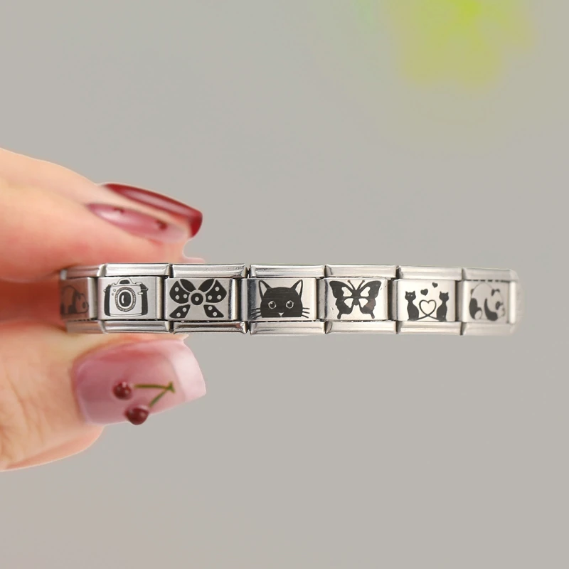 روابط سحر إيطالية محفورة بالليزر على شكل قطط سوداء تلعب تناسب سوار من الفولاذ المقاوم للصدأ بعرض 9 ملم للرجال والنساء هدايا يدوية الصنع - 5