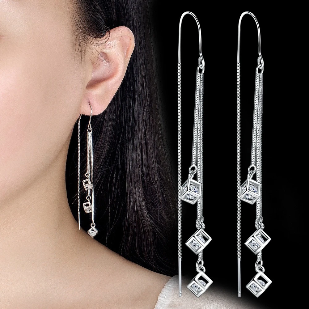 

Elegant Long Three Square Cube Tassel Earrings For Women Fashion Love Cube Dangle Hook Earrings Versatile Ear Jewelry Wholesale