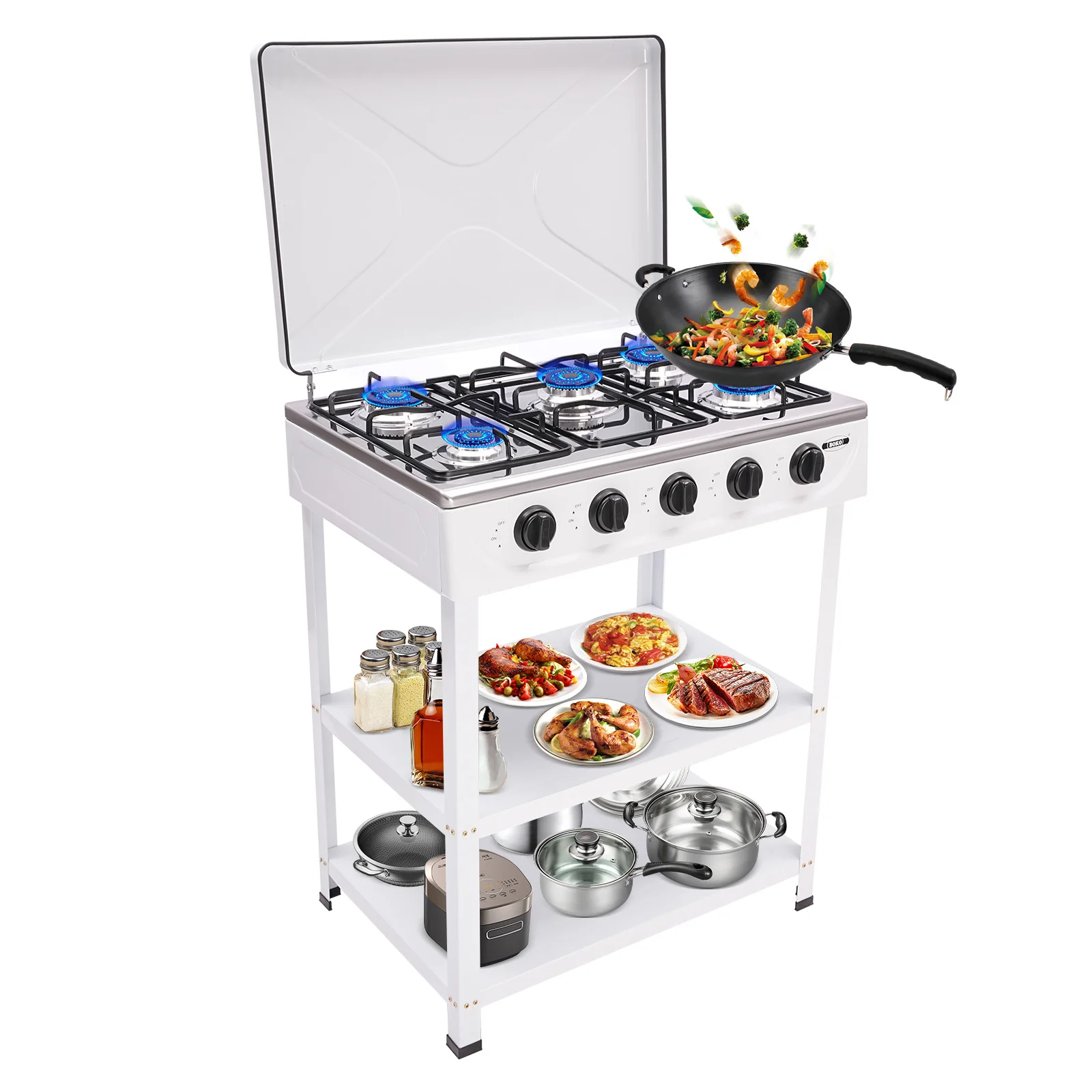 

Natural Gas Stove with 5 Burners Portable Outdoor Gas Stove with Wind Shield and 2 Storage Shelves Camping Stove Outdoor Cooking