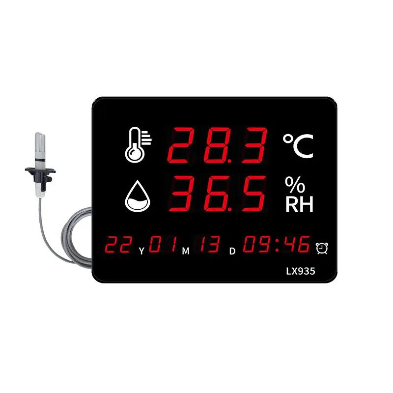 

Digital temperature and humidity meter thermometer LED display clock wall mounted alarm with probe industrial large screen