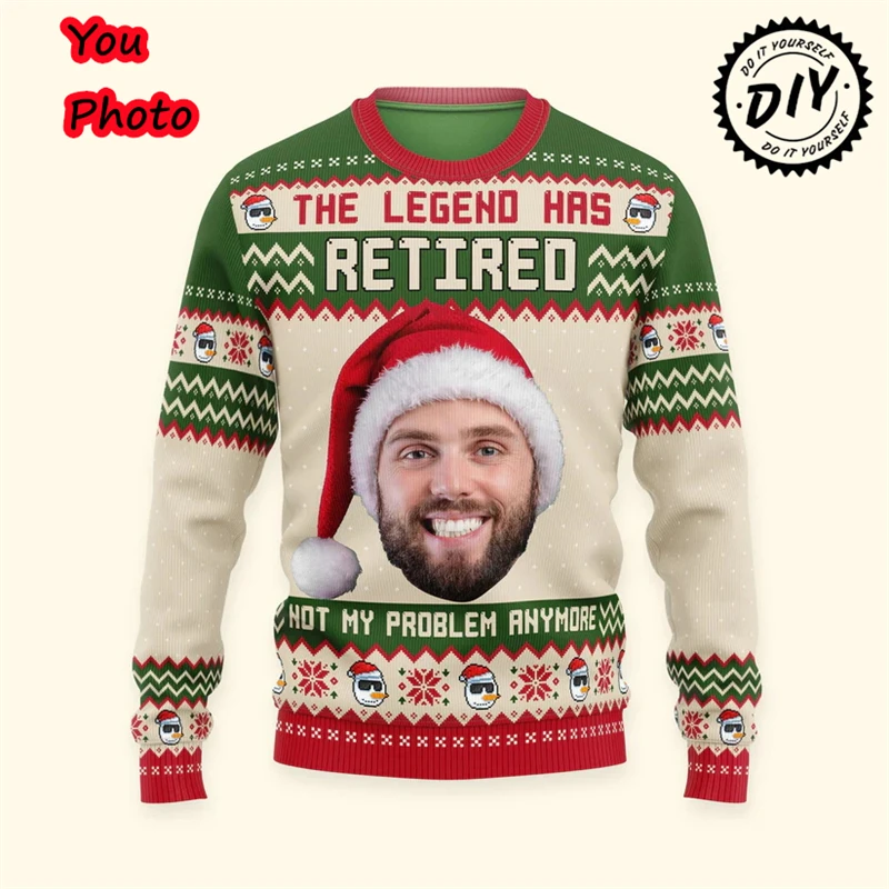 Funny Custom Photo 3D Print Ugly Christmas Sweater For Men Women Clothes Customize Face Diy Image Sweatshirt Gift Tops Sweaters