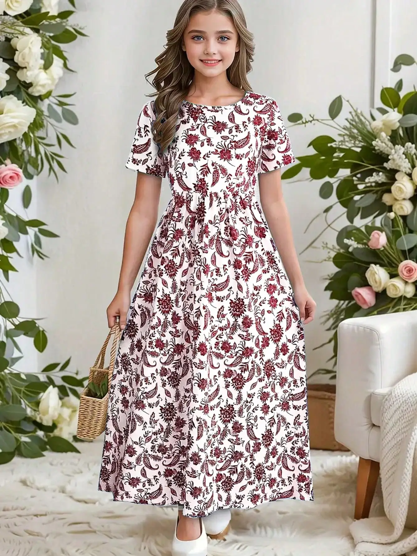 Mädchenkleid im Bohemian-Stil mit Paisley-Muster, Kurzarm, Mittellang, Lässiges Sommerkleid, Urlaubsgeschenk 2026 – Detail 12