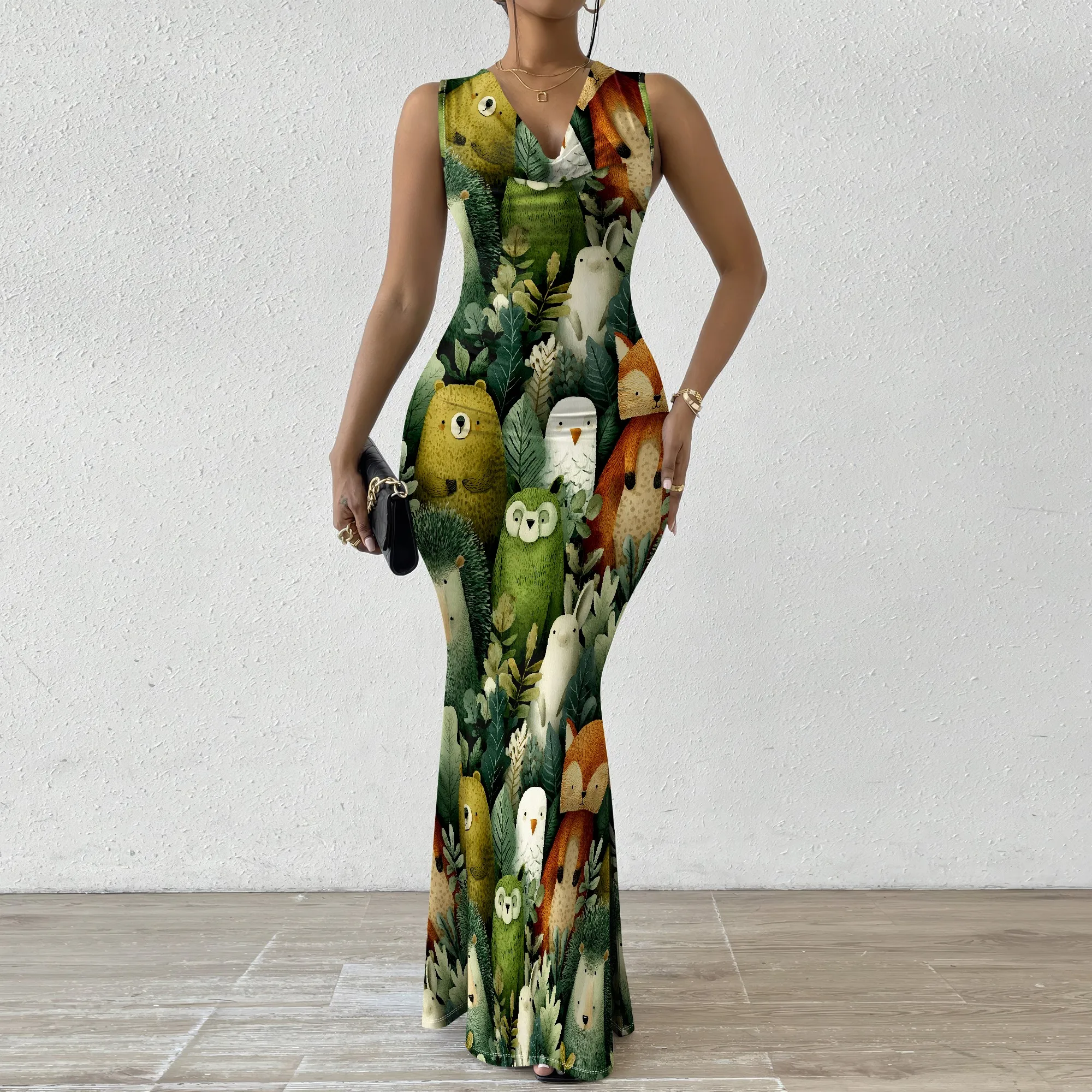 

Forest Animal Print Sleeveless Maxi Dress XS-2XL Fairycore Style for Easter or Picnic Look