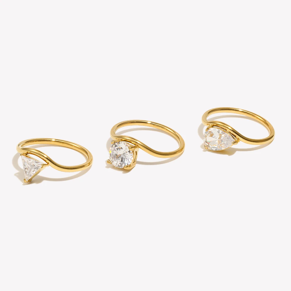 E.B.belle Wave Drop Round Zircon Ring Waterproof Minimalist 316L Stainless Steel Women\'s Rings 18K Gold Plated Accessories