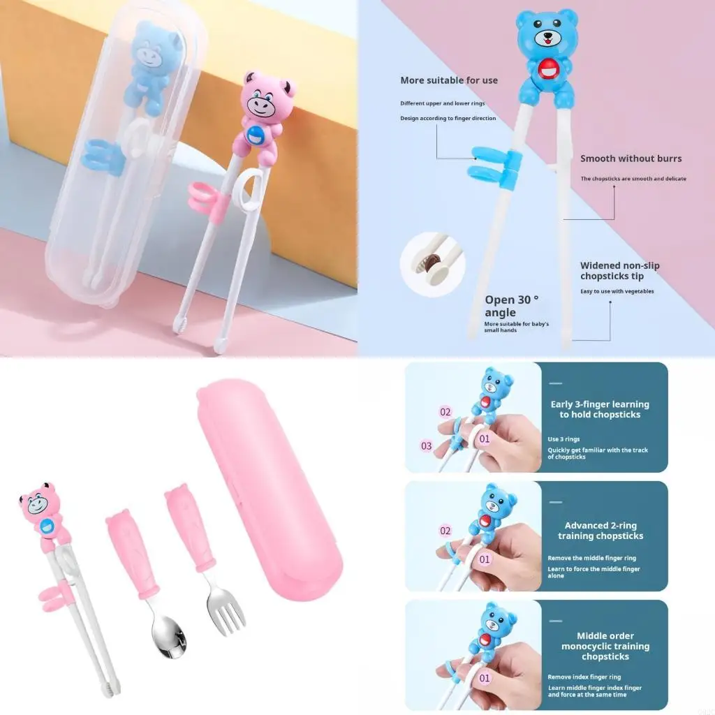 G92C Cartoon Animal Chopsticks Stainless Steel Spoon Fork Set For Kids Daily Use