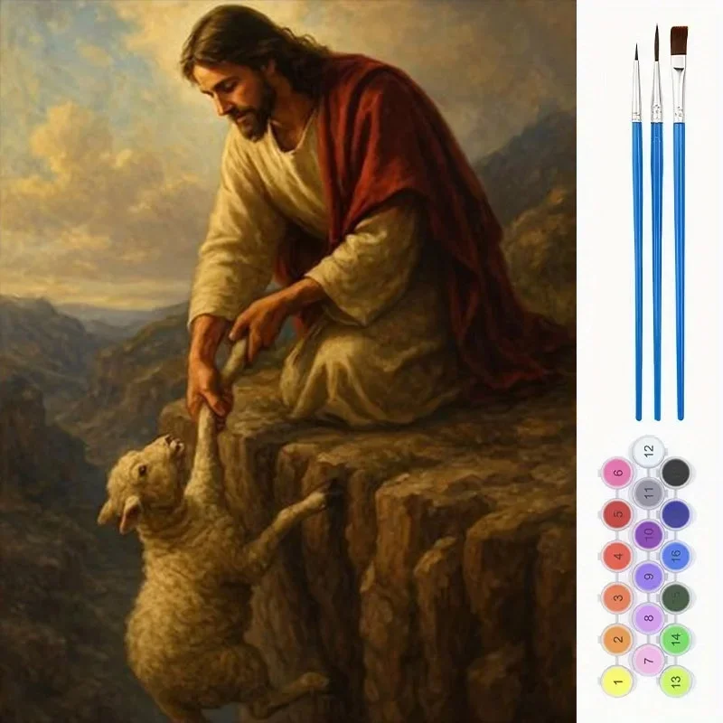 Professional art use Adult Paint by Numbers Kit - The Good Shepherd (Figure in Red Robe Rescuing Sheep) on Rocky Cliff Mountain