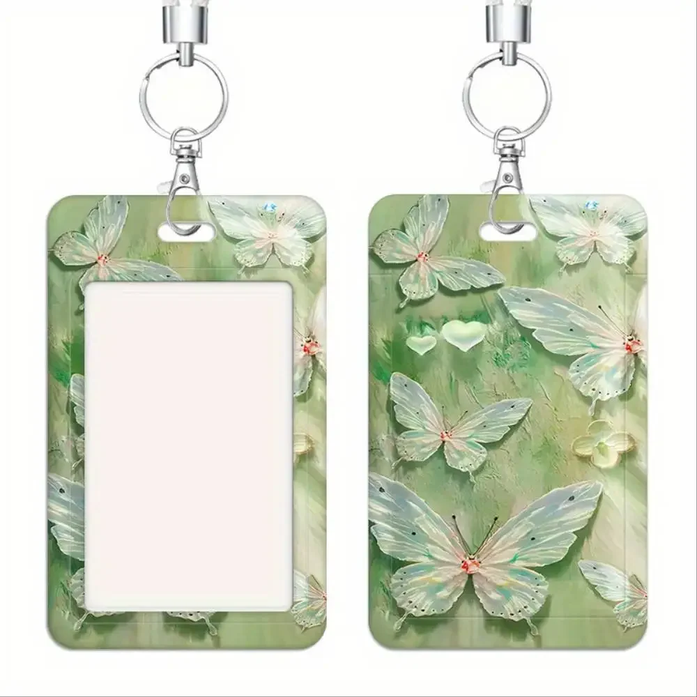 Green Butterfly Oil Painting ID Card Holder Plastic Badge Cover Holds Up To 2 Cards For Doctor Nurse Staff Bank Card